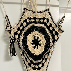 Black tan crochet backless sexy halter tie maxi dress sheer